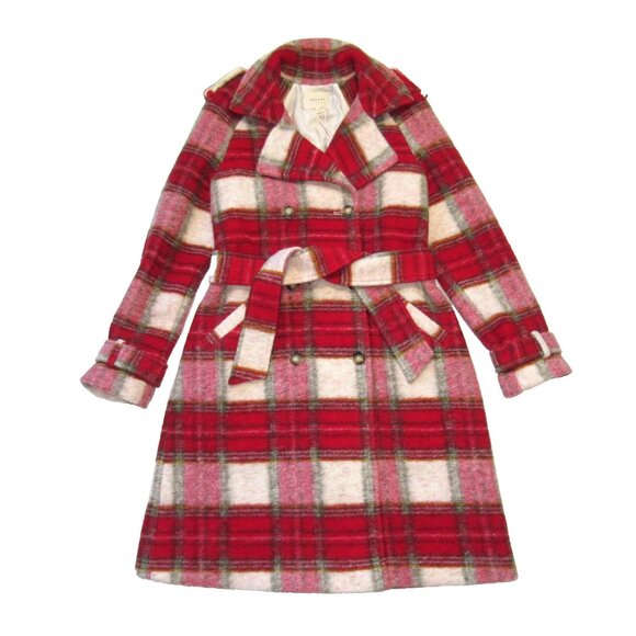 NWT Sezane Scott Coat in Red Tartan Large Check Virgin Wool Plaid 38 / US 6